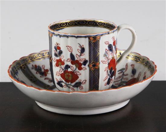 Two Worcester polychrome coffee cups and saucers, c.1775, cup height 7.5cm